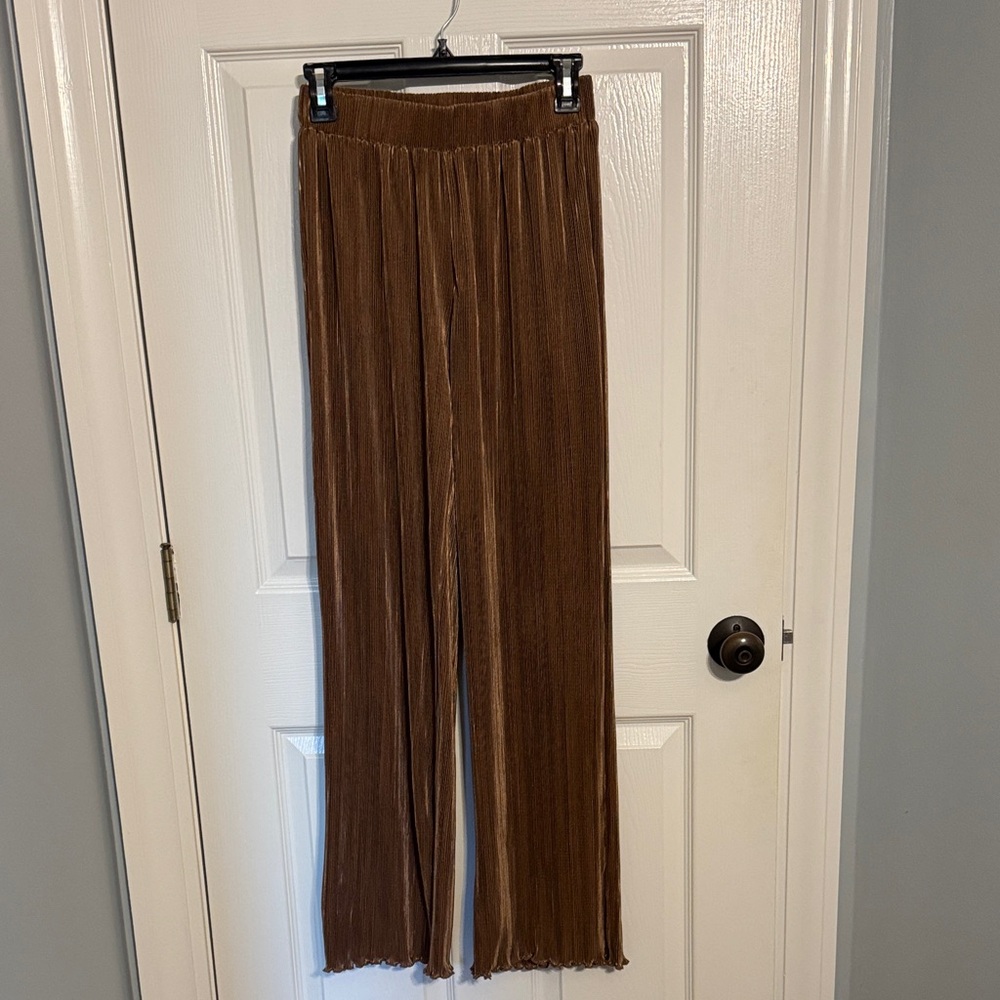 Calypso Brown Shimmery Pleated Wide-Leg Pants Size S